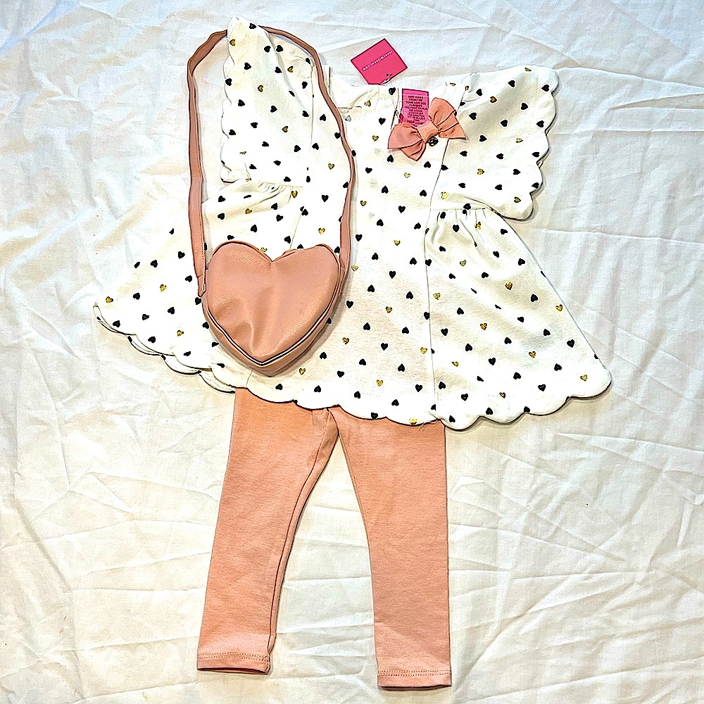 NWT Issac Mizrahi 3PC Scalloped Top Matching Pastel Pink Pants & Heart Purse 12M